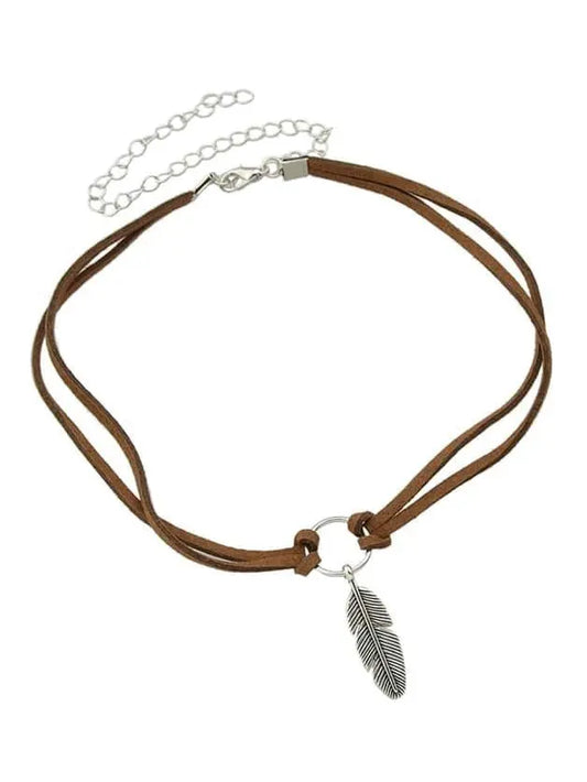 Vintage Feather Pendant Double Layer Leather Necklace - Boho Chic Accessory Feelontop Jewellery