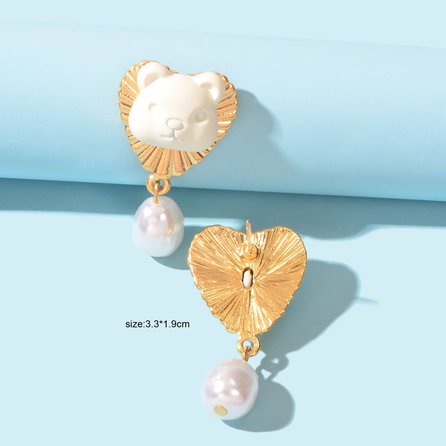 Lovely Cartoon White Bear Pierced Pearl Charm Gold Heart Hypoallergenic Earrings Feelontop Jewellery