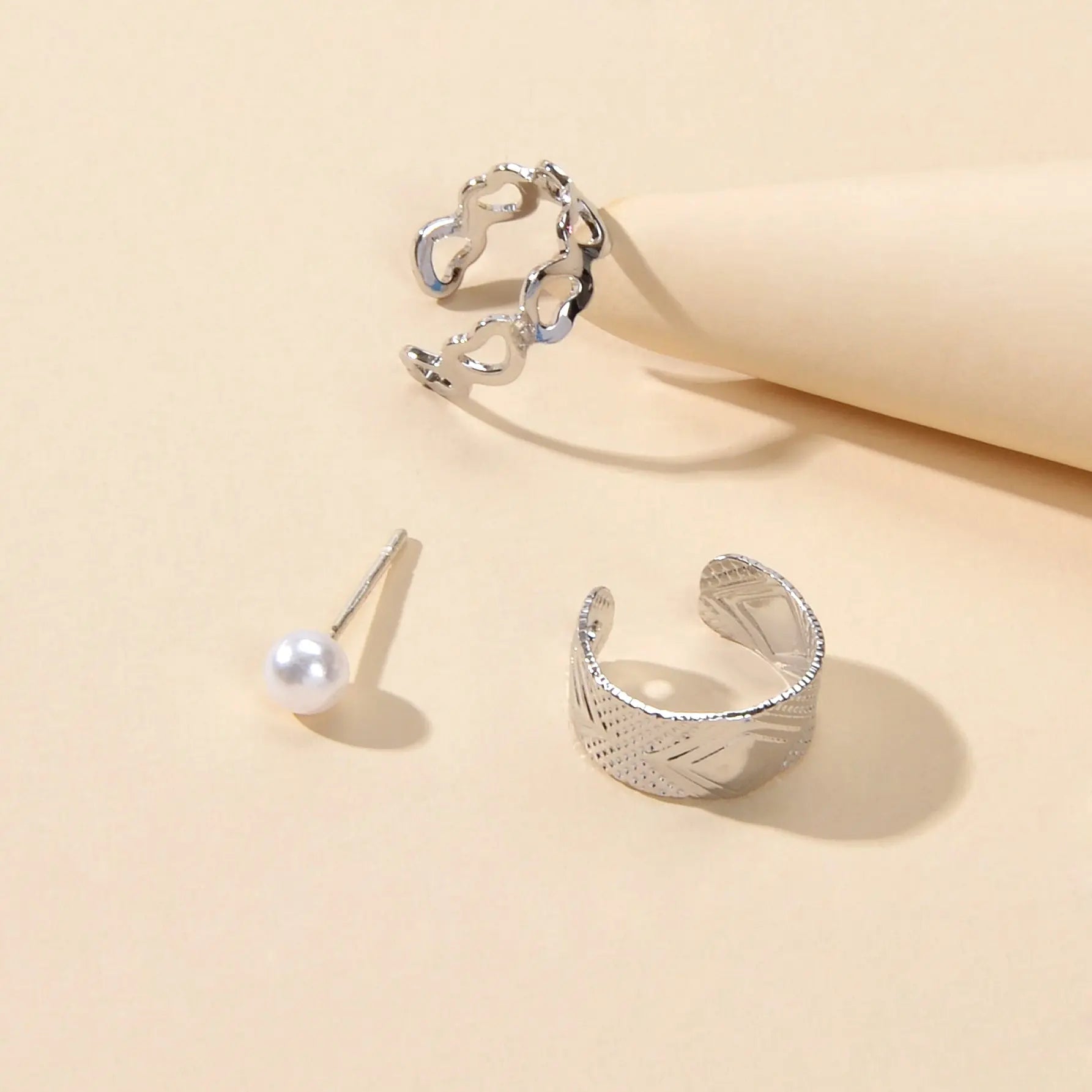 3 pcs Imitation Pearl Stud Gold Silver Hollow out Heart Ear Cuff Cartilage Earrings set Feelontop Jewellery