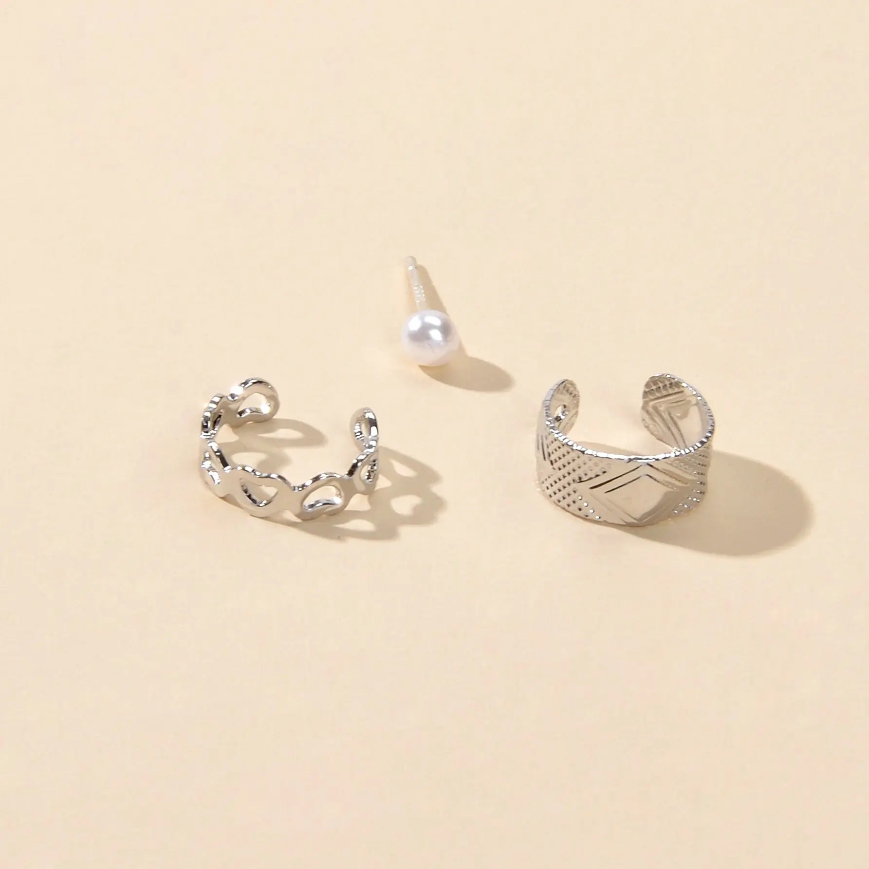 3 pcs Imitation Pearl Stud Gold Silver Hollow out Heart Ear Cuff Cartilage Earrings set Feelontop Jewellery