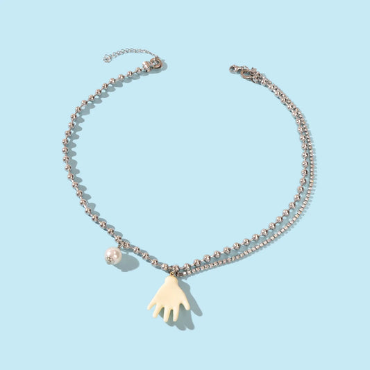 Punk Hip Hop Popcorn Rhinestone Double layer Chain Pearl Hand Pendant Necklace Feelontop Jewellery