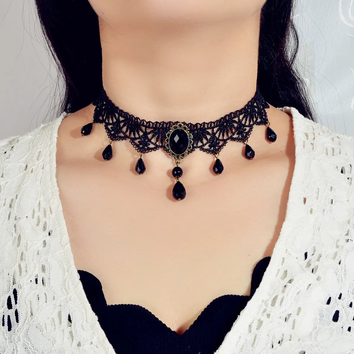 Water Drop Charm Black Lace Retro Gothic Women Choker 90s Halloween Necklace Feelontop Jewellery