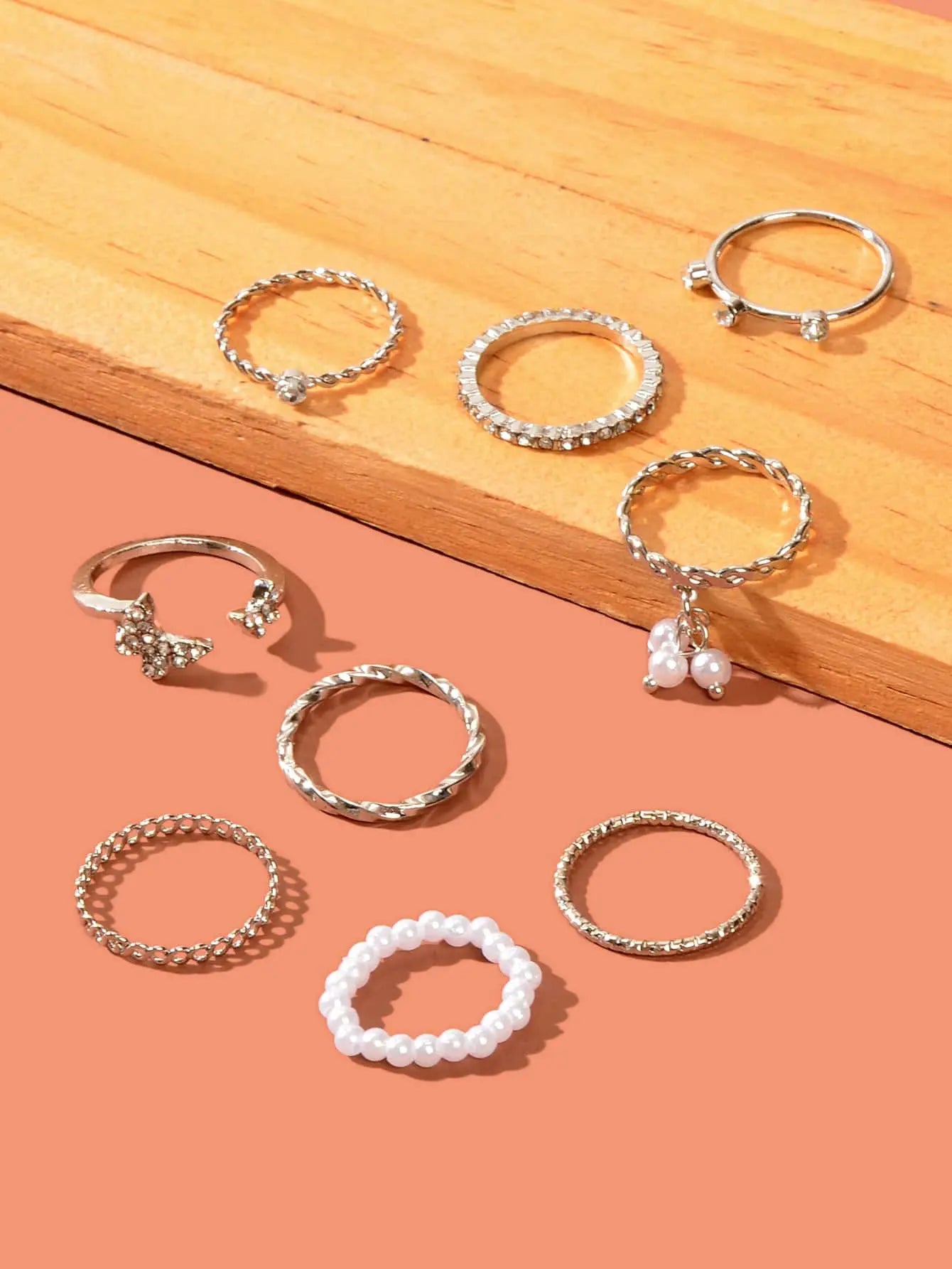 Set of Ten Silver Butterfly and Pearl Shaped Rings Elegant Statement Collection Feelontop Jewellery