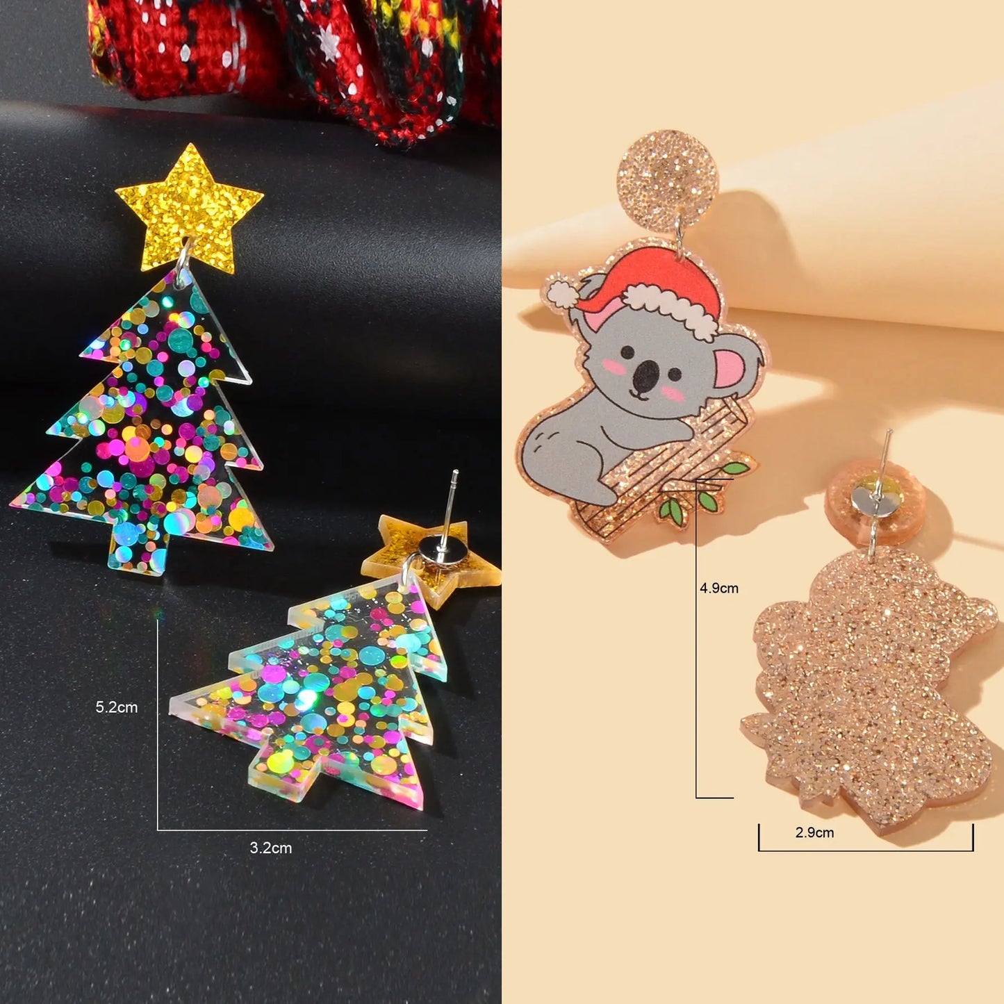 2 pairs Christmas Festival Jewelry Sequin Decor Acrylic Tree Koala Earrings set Feelontop Jewellery