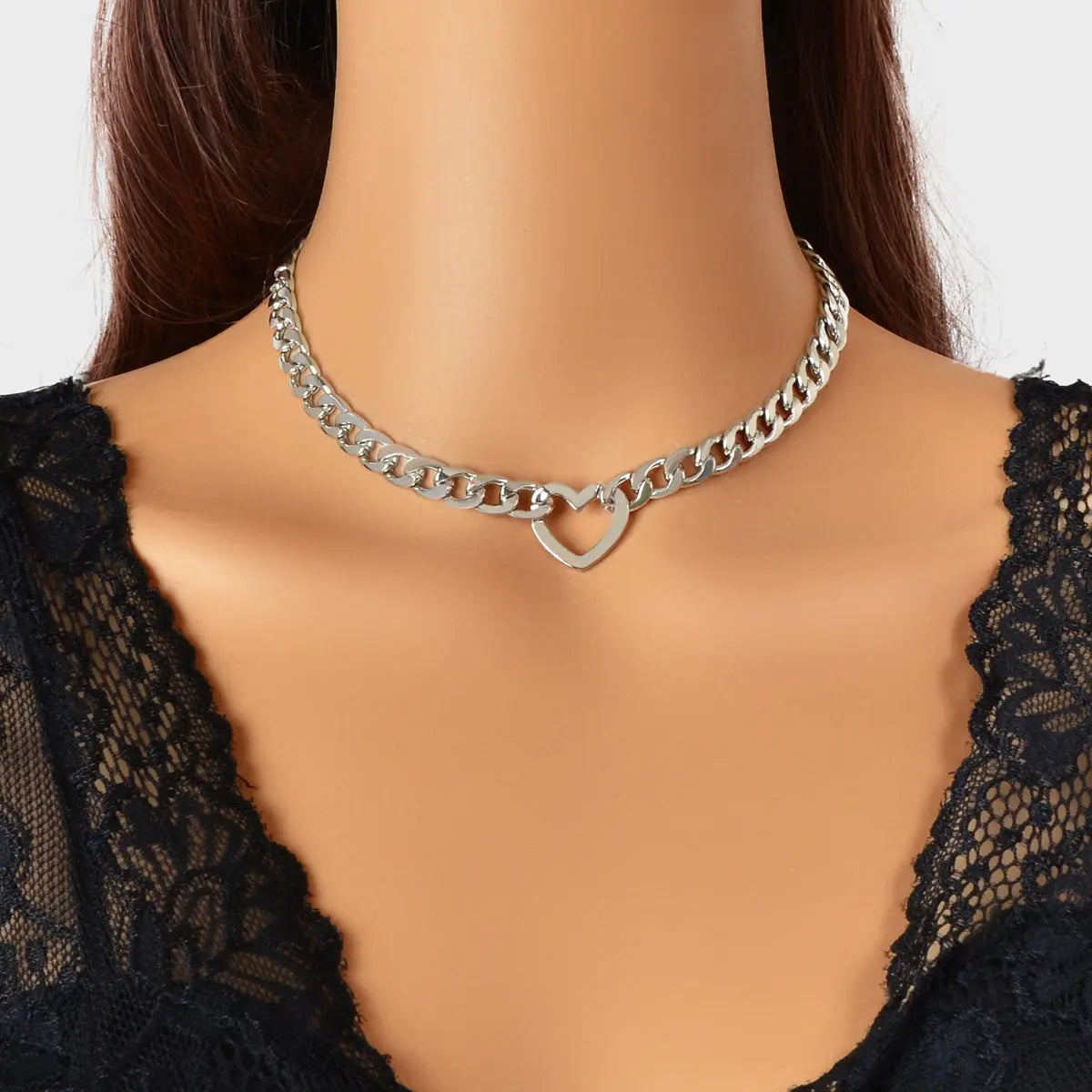 Fashion Punk Choker Crude Silver Link Chain Heart Charm Collar Clavicle Necklace Feelontop Jewellery