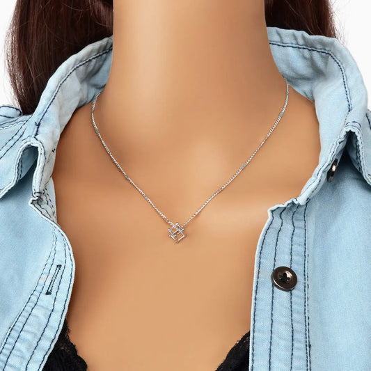 Silver Chain 3D Cube Pendant Necklace Popular Accessories Party Gift Jewellery Feelontop Jewellery