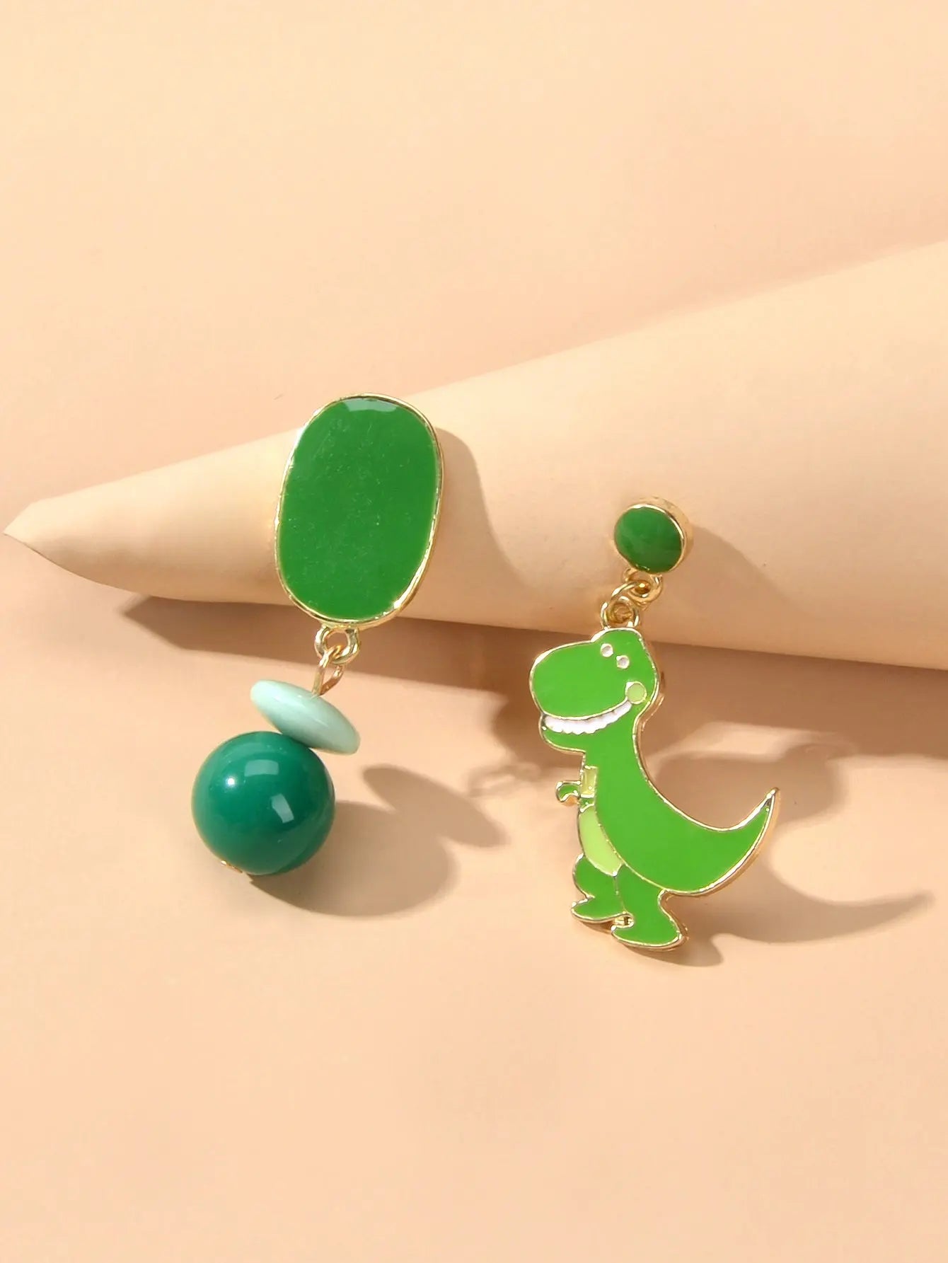 Asymmetrical Cartoon Design Green Beads Enamel Dinosaur Dangle Animal Earrings Feelontop Jewellery