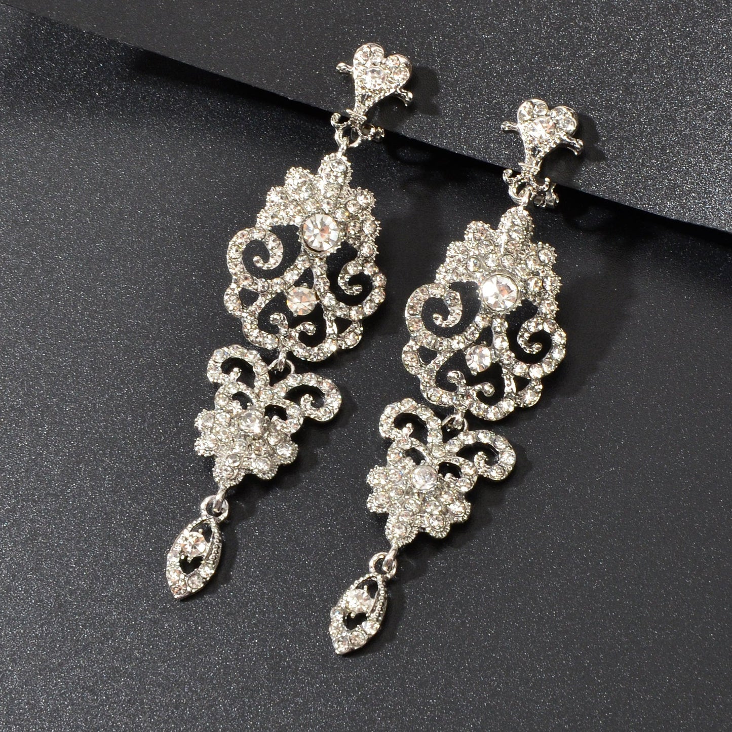 Luxury Rhinestones Silver Hollow Carving Pendant Earrings Banquet Wedding Jewellery Feelontop Jewellery