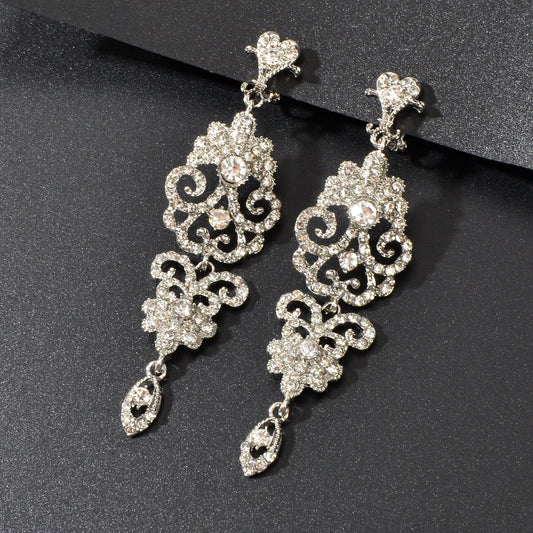 Luxury Rhinestones Silver Hollow Carving Pendant Earrings Banquet Wedding Jewellery Feelontop Jewellery