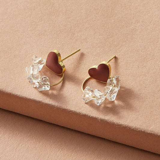 Trendy Ladies Jewellery Transparent Beads Gold Circle Red Heart Stud Earrings Feelontop Jewellery