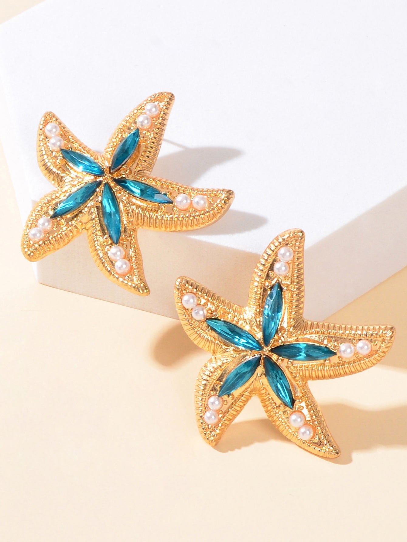 Classic Blue Gemstone Pearl Decor Sea Starfish Stud Girls New Lovely Earrings Feelontop Jewellery