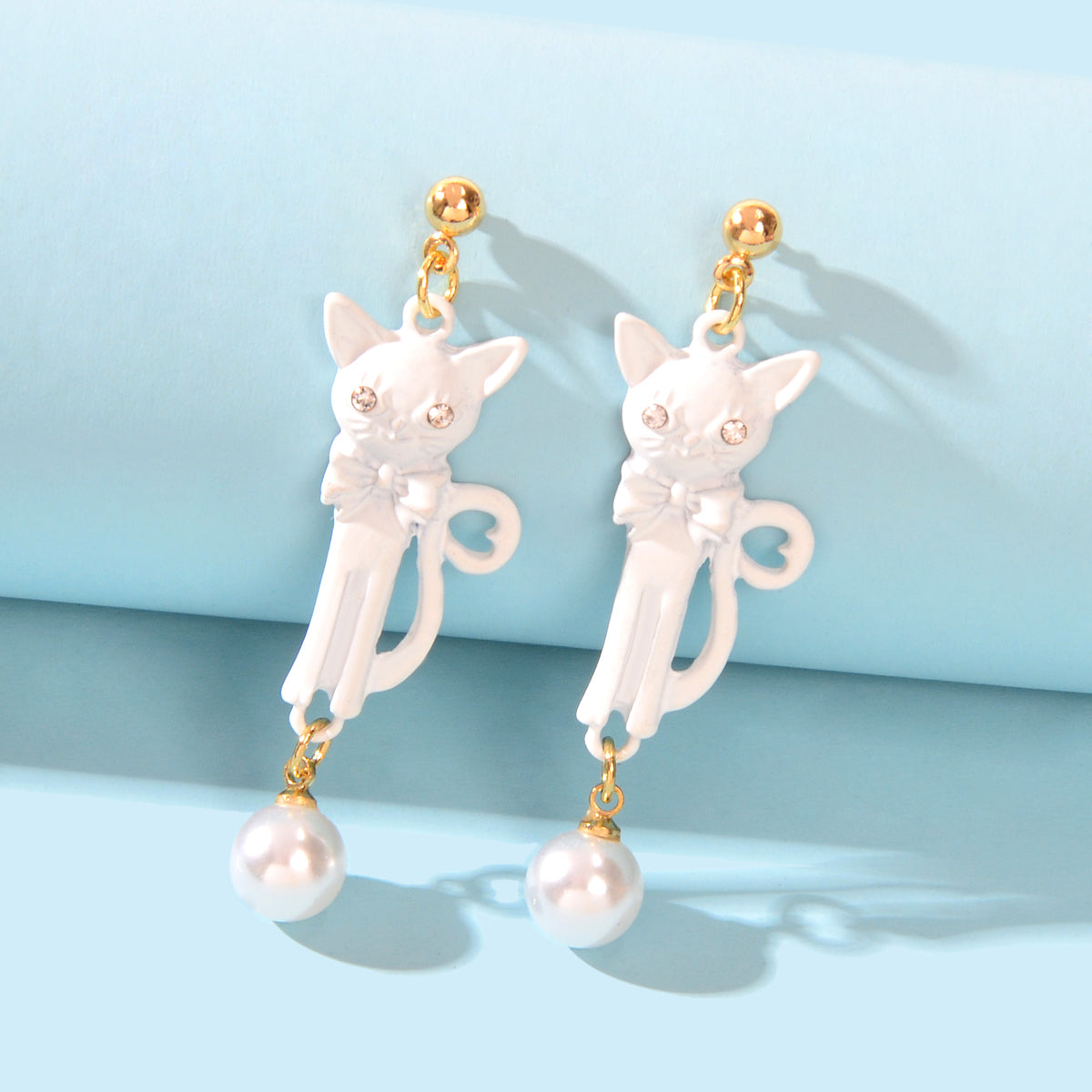 Funny Personality Creative Animal White Black Long Cat Dangling Element Earrings Feelontop Jewellery