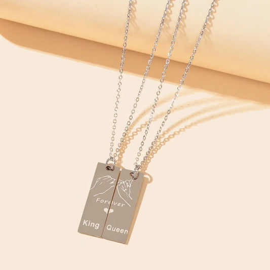 2 pcs Love Heart King Queen Square Pendant Couple Lover Matching Necklaces Gift Feelontop Jewellery
