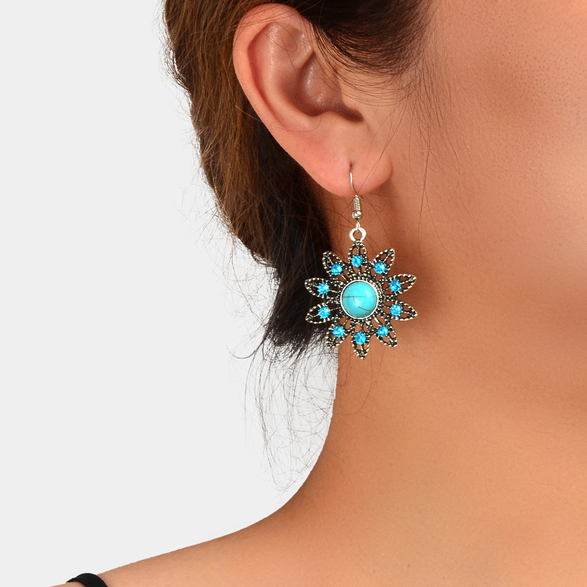 Vintage Jewelry Antique Silver Hollow out Blue Turquoise Flower Dangle Earrings Feelontop Jewellery