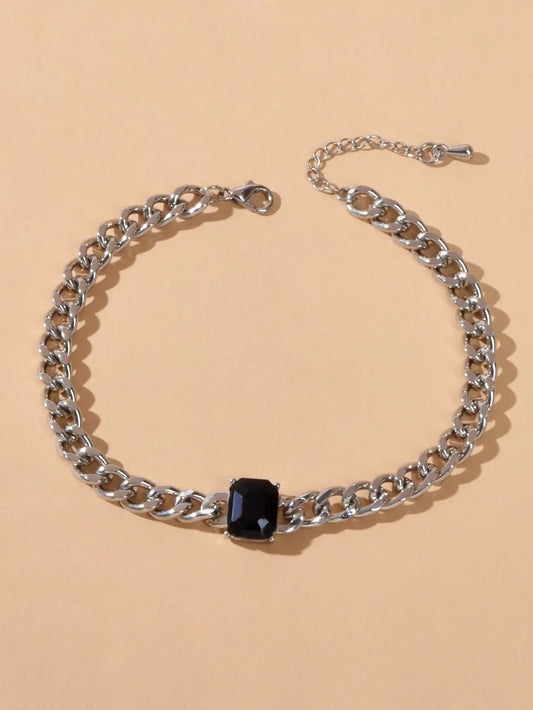 Cool Women Accessories Black Acrylic Crude Silver Metal Link Chain Bracelet Gift Feelontop Jewellery