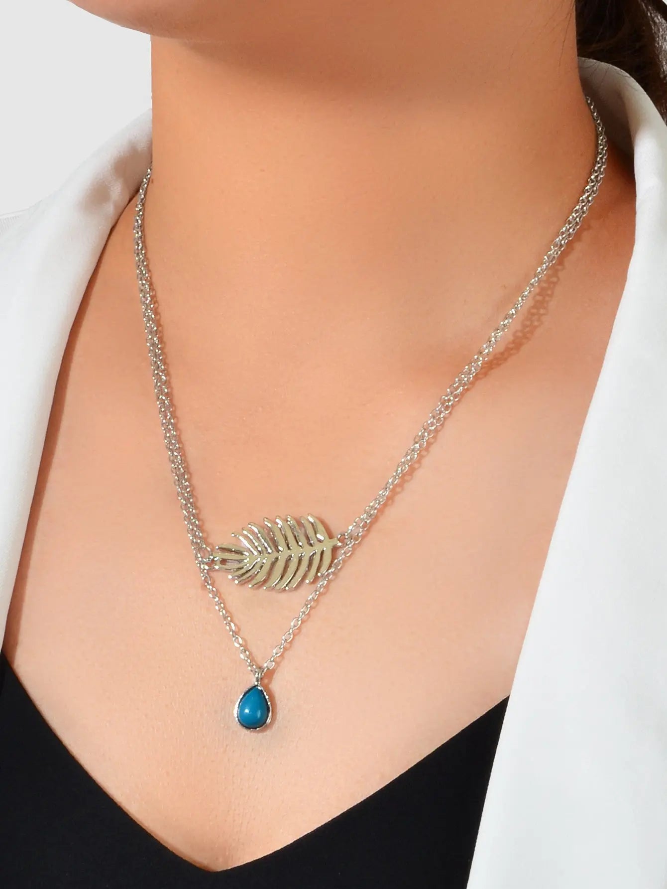 Trendy Double layer Silver Chain Leaf Charm Blue Bead Water Drop Charm Necklace Feelontop Jewellery