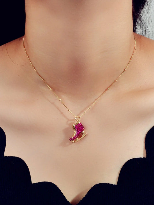 Funny Gift for Women Gold Popcorn Chain Hotpink Ice Skate Shoes Pendant Necklace-0