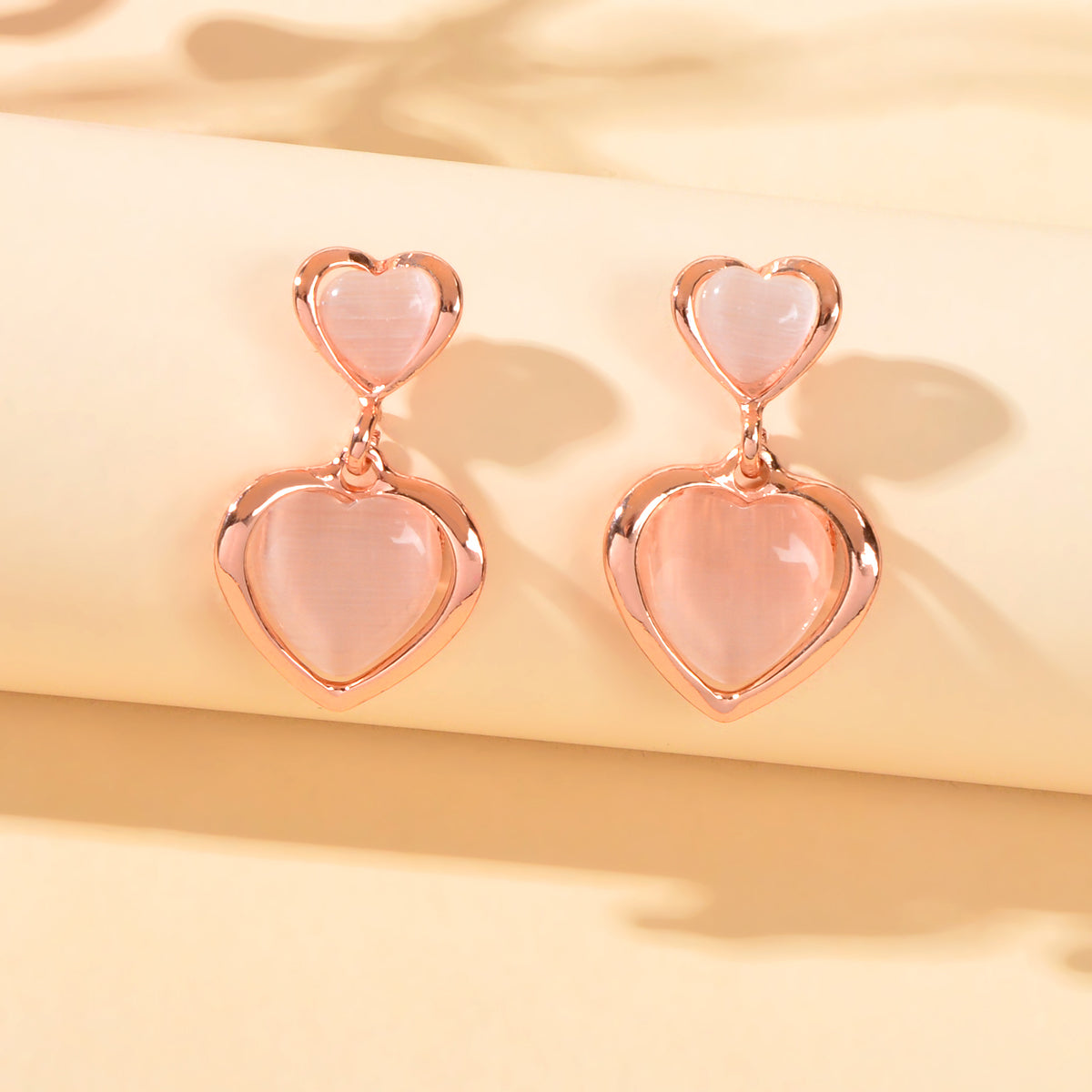 Girlfriend Birthday Gift Elegant Rose Gold Pink Opal Love Heart Dangle Earrings Feelontop Jewellery