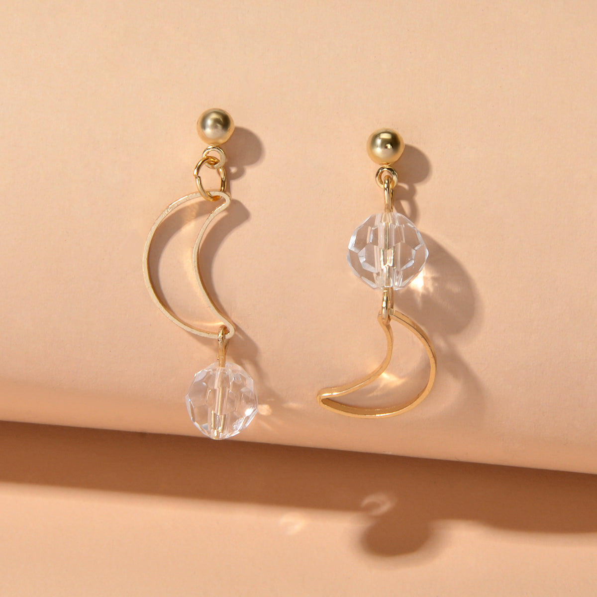 Minimalist Gold Metal Moon Star Transparent Beads Asymmetric Pierced Earrings Feelontop Jewellery