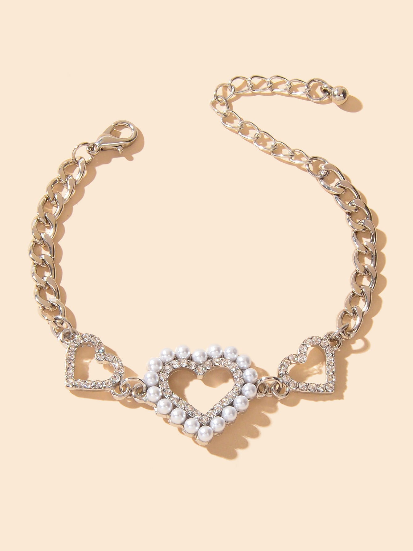 Luxurious Rhinestone Pearl Decor Heart Charm Silver Chain Bracelet for Wedding Feelontop Jewellery