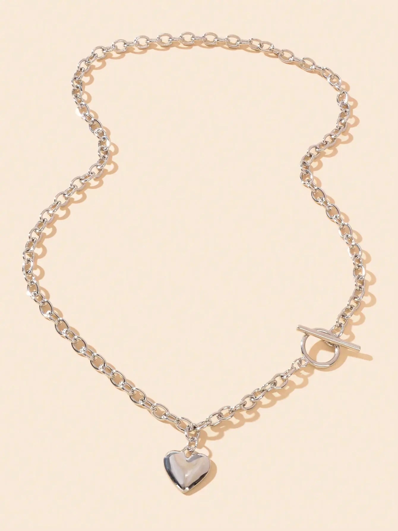 Silver Heart Pendant OT Clasp Necklace Elegant Statement Long Chain Jewelry Feelontop Jewellery