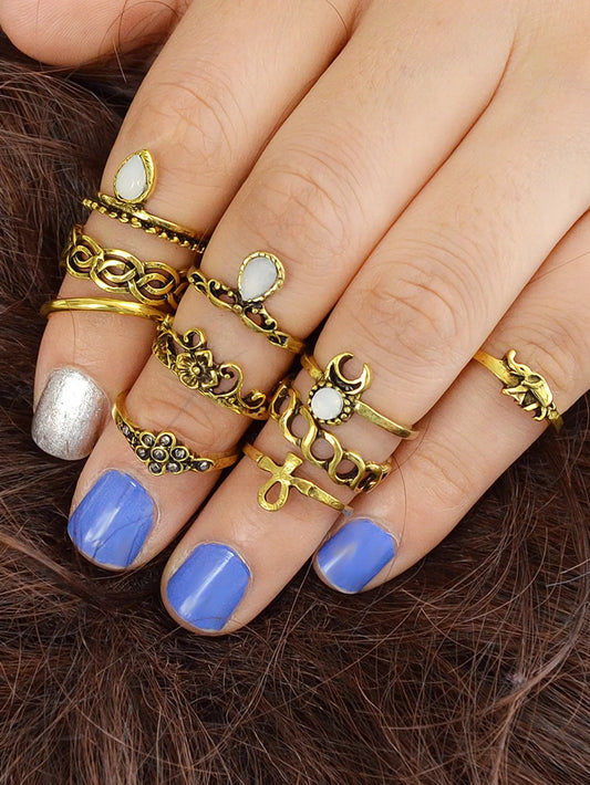 Stackable 10 pcs Tribal Ethnic Flower Elephant Vintage Multiple Finger Ring set Feelontop Jewellery