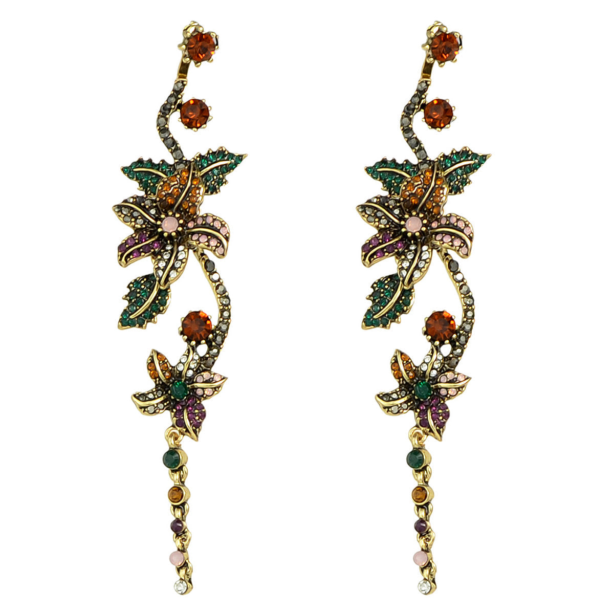 Vintage Luxurious Colourful Rhinestone Antique Gold Flower Long Pendant Earrings Feelontop Jewellery