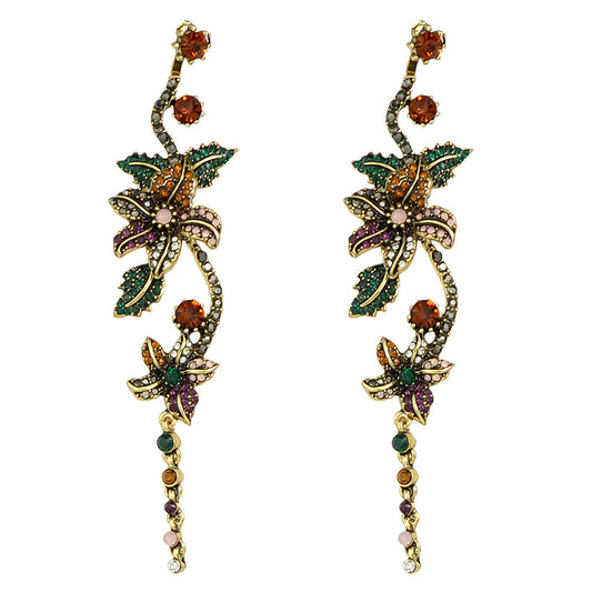 Vintage Luxurious Colourful Rhinestone Antique Gold Flower Long Pendant Earrings Feelontop Jewellery