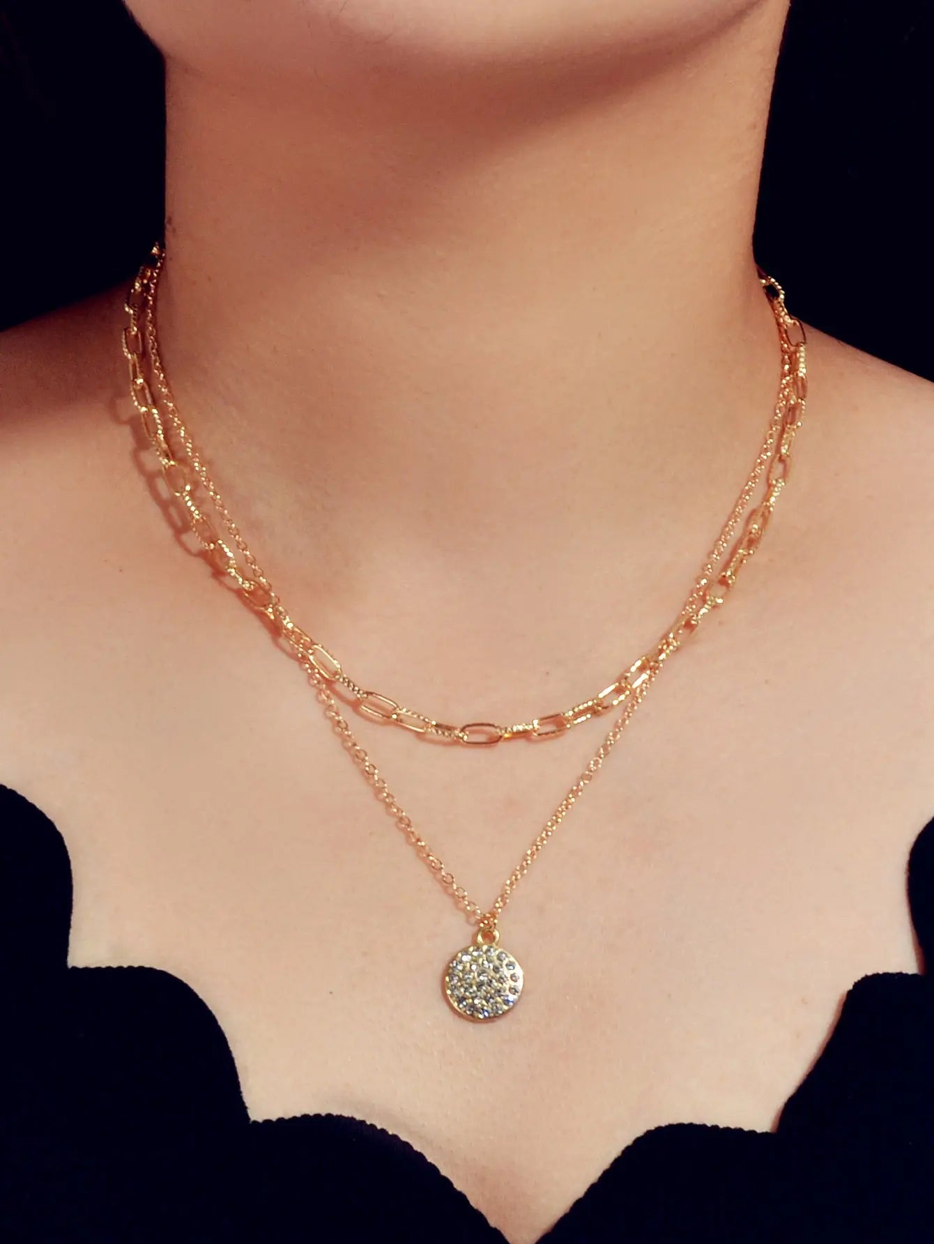 Female Jewellery Double layer Paperclip Gold Silver Chain Round Pendant Necklace Feelontop Jewellery