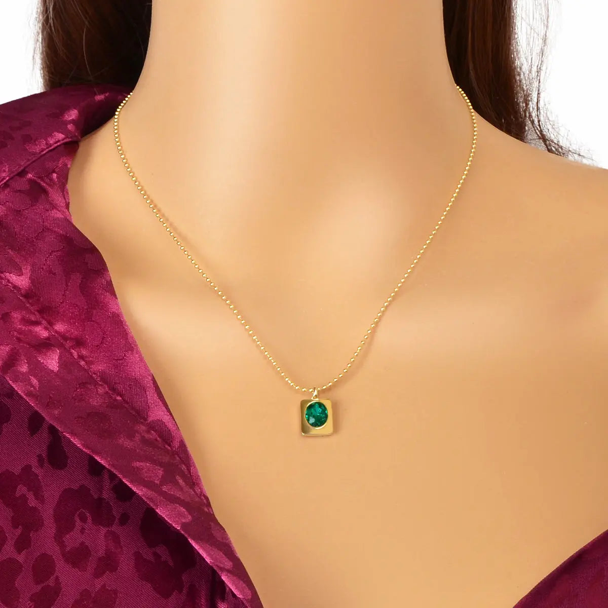 Trendy Gold Popcorn Chain Dainty Green Imitation Gem Square Pendant Necklace Feelontop Jewellery