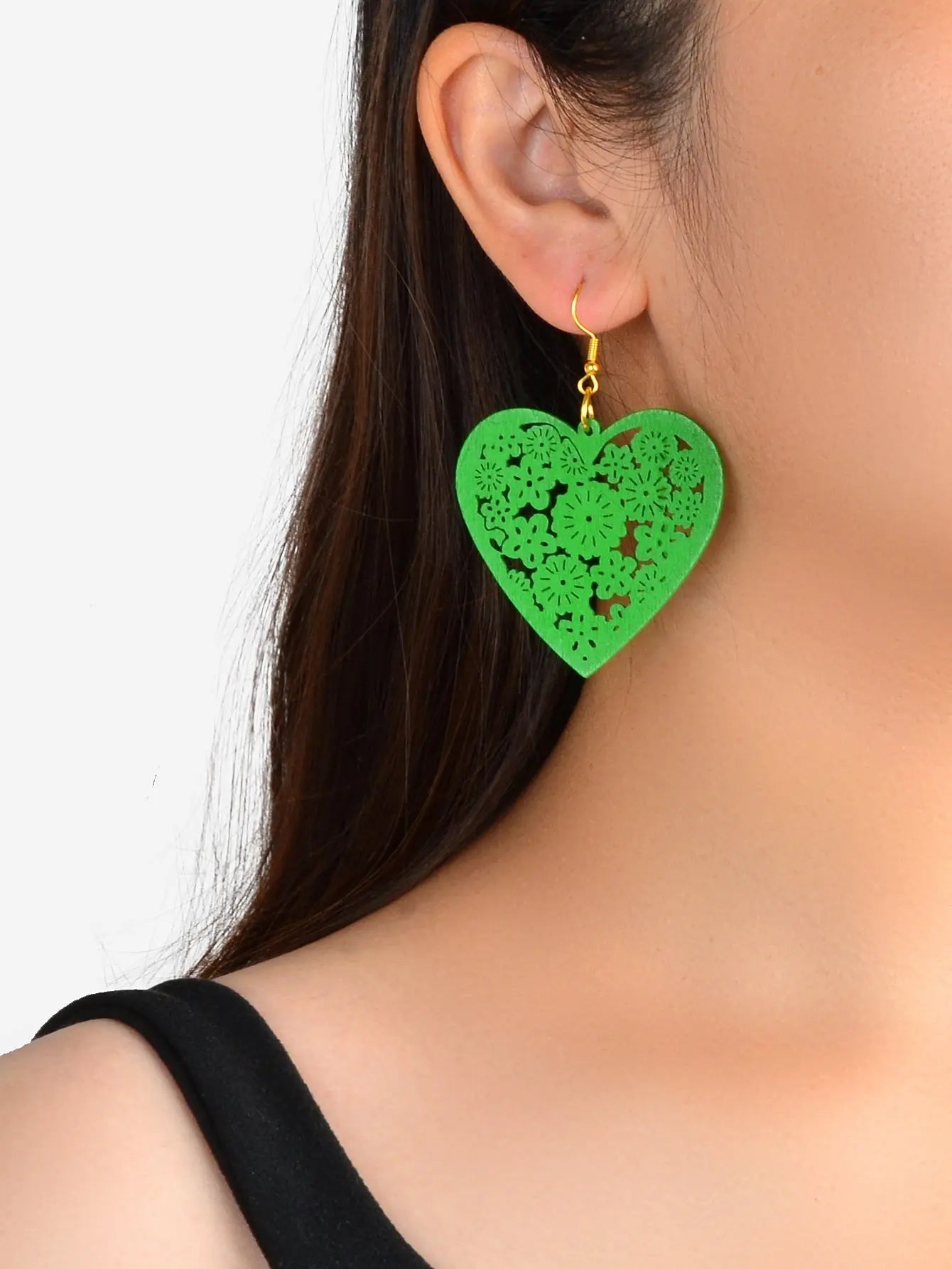 Nice Collection Colorful Wood Flower Pattern Hollow Heart Dangle Ladies Earrings Feelontop Jewellery