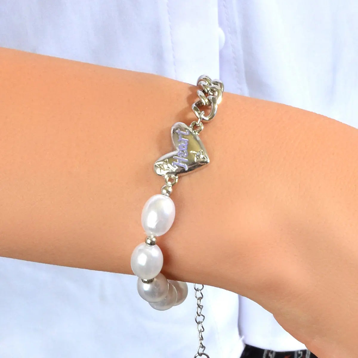 Retro Silver Pearl Beads Chain Letter Love Heart Charm Bracelet Textured Jewelry Feelontop Jewellery