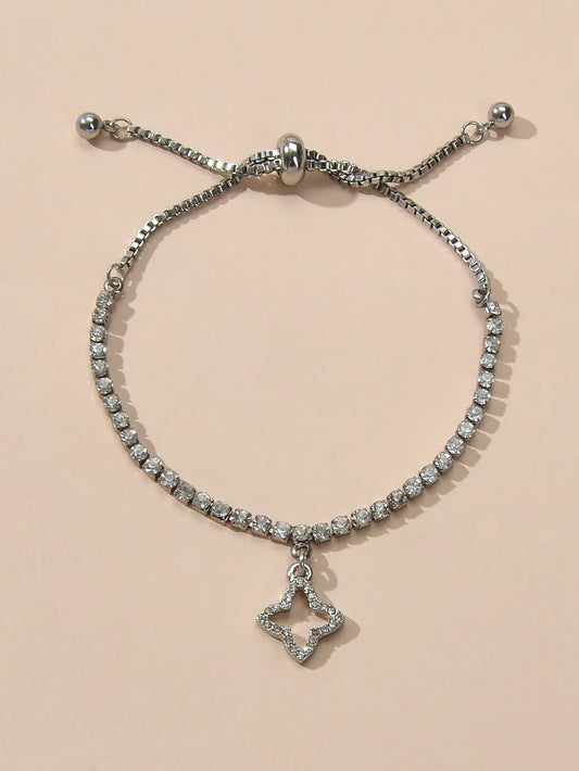 Luxury Full Rhinestone Shining Flower Charm Classic Tennis Adjustable Bracelet Feelontop Jewellery