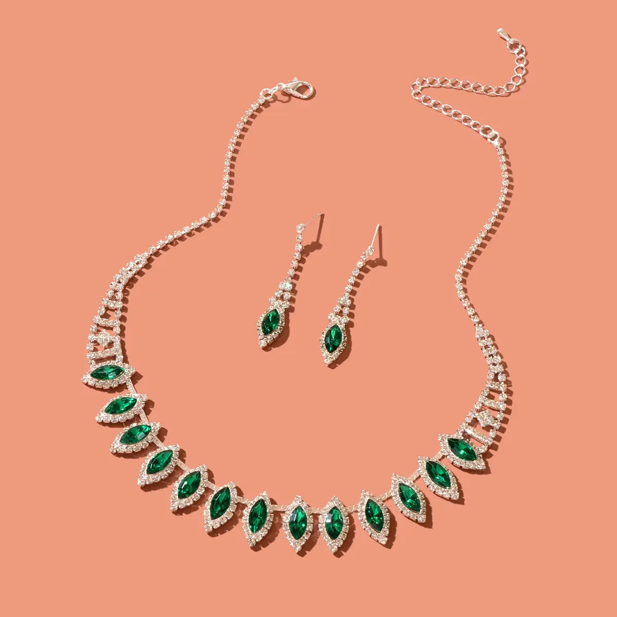 Luxurious Jewellery Set Green Imitation Gemstone Collar Necklace Dangle Earrings Feelontop Jewellery