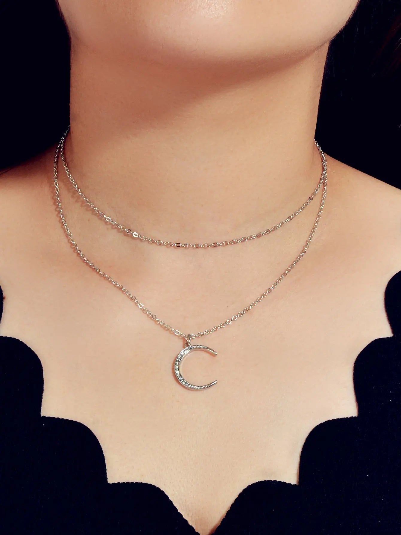 Women Accessories Double layer Chain with Rhinestone Moon Charm Trendy Necklace Feelontop Jewellery