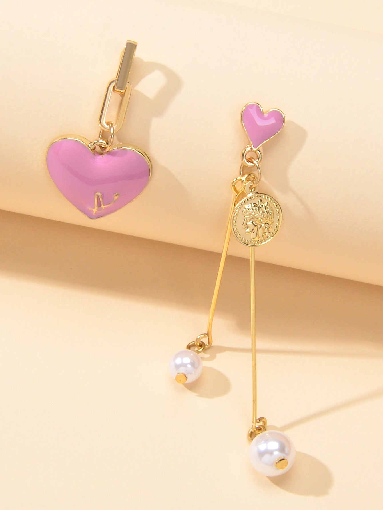 Valentine's Day Jewellery Pearl Cion Charm Pink Enamel Heart Asymmetric Earrings Feelontop Jewellery