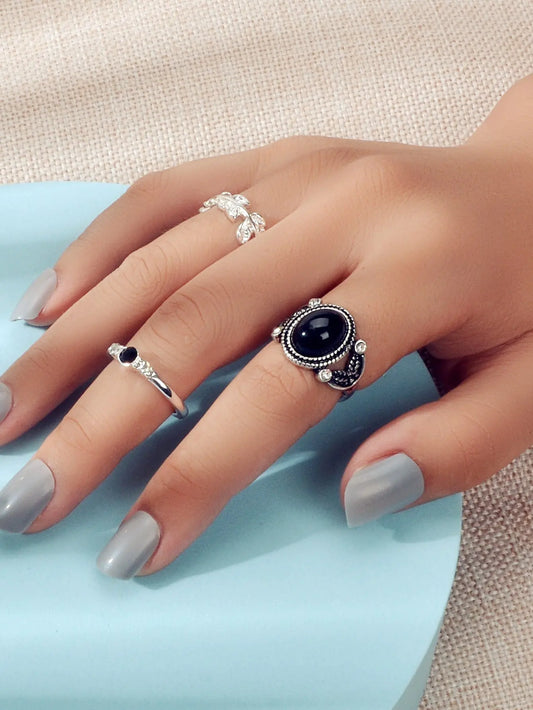 3 pcs Vintage Antique Leaf Geometric Multiple Stackable Punk Finger Rings Set Feelontop Jewellery