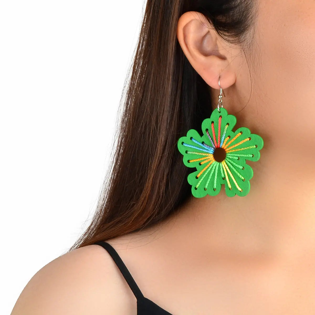 Boho Handmade Jewellery Colorful Rope Braided Green Flower Wood Holiday Earrings Feelontop Jewellery
