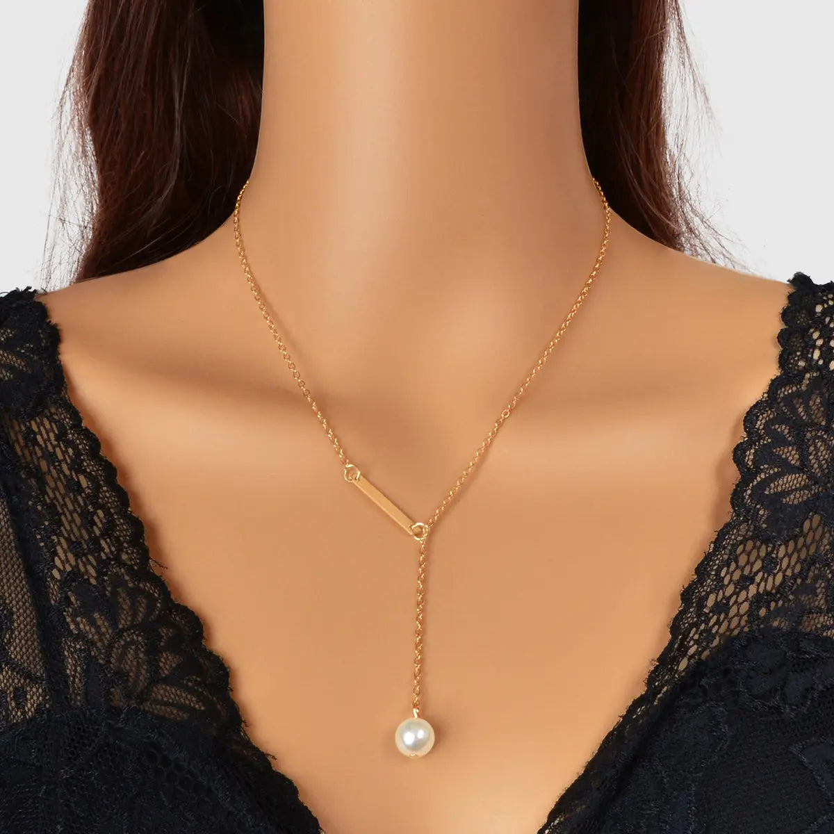Designer Jewelry Gold Chain Geometric Bar Lariat Y-Shaped Pearl Pendant Necklace Feelontop Jewellery