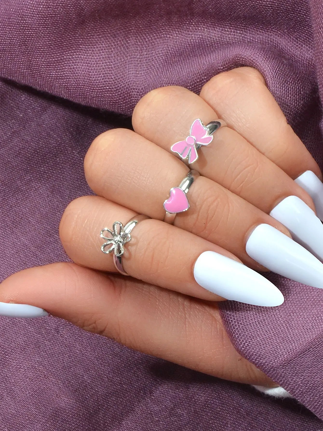 3 pcs Pink Heart Bowknot Trendy Silver Flower Multiple Cuff Finger Ring Set Gift Feelontop Jewellery