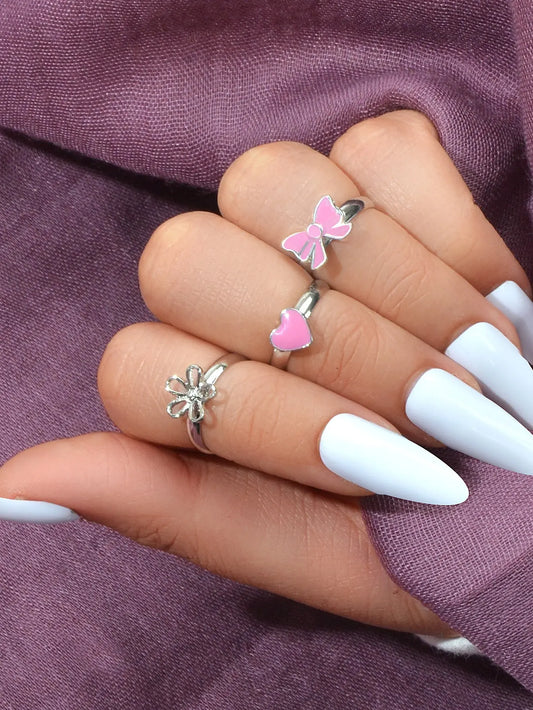 3 pcs Pink Heart Bowknot Trendy Silver Flower Multiple Cuff Finger Ring Set Gift Feelontop Jewellery