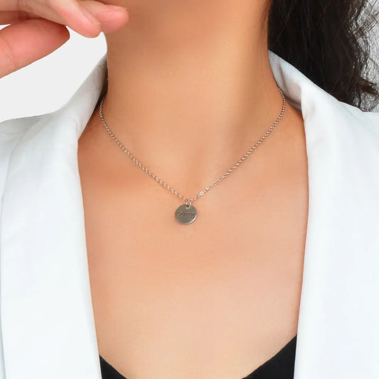 Minimalist Sliver Chain Stainless Steel Love Letter Round Disc Pendant Necklace Feelontop Jewellery
