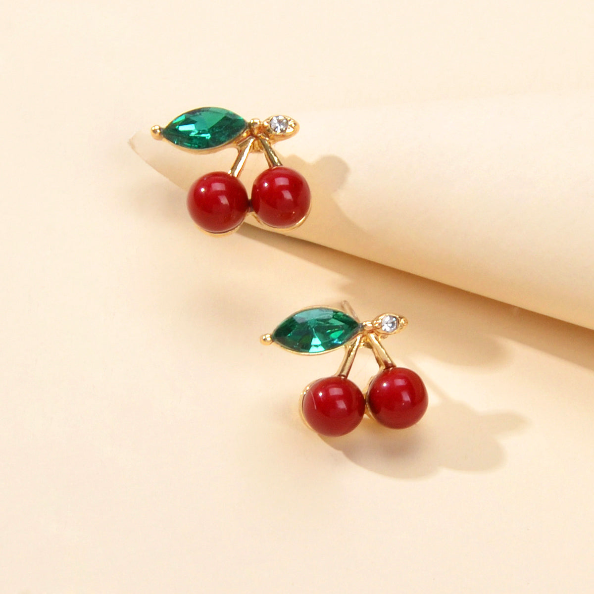 Lovely Fruit Jewellery Green Crystal Leaf Red Beads Stud Elegant Cherry Earrings Feelontop Jewellery