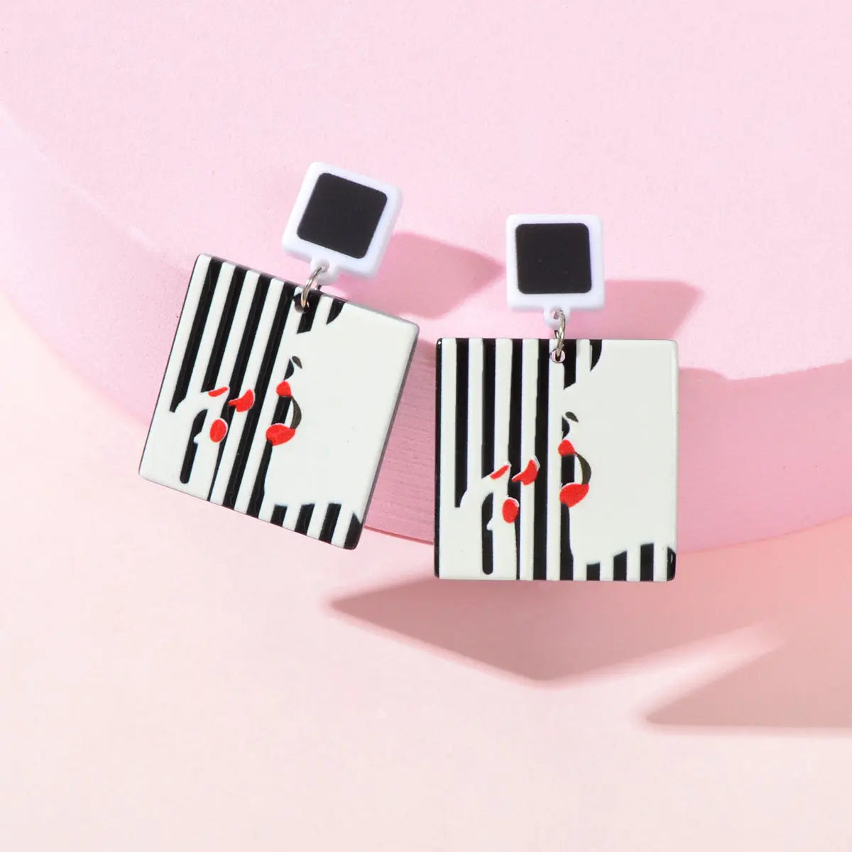 Women Red Lip Lipstick Pattern White Black Square Resin Dangle Pierced Earrings Feelontop Jewellery