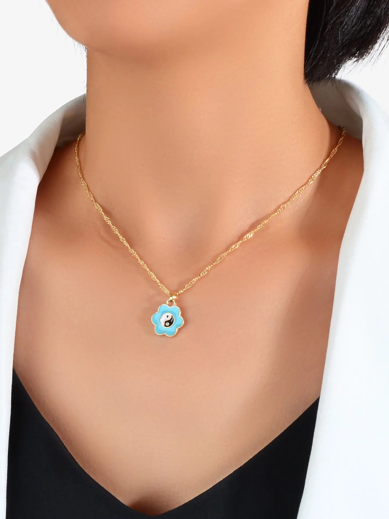 Dainty Gold Chain Yin Yang Tai Chi Blue Flower Charm Best Friends Necklace Gift Feelontop Jewellery