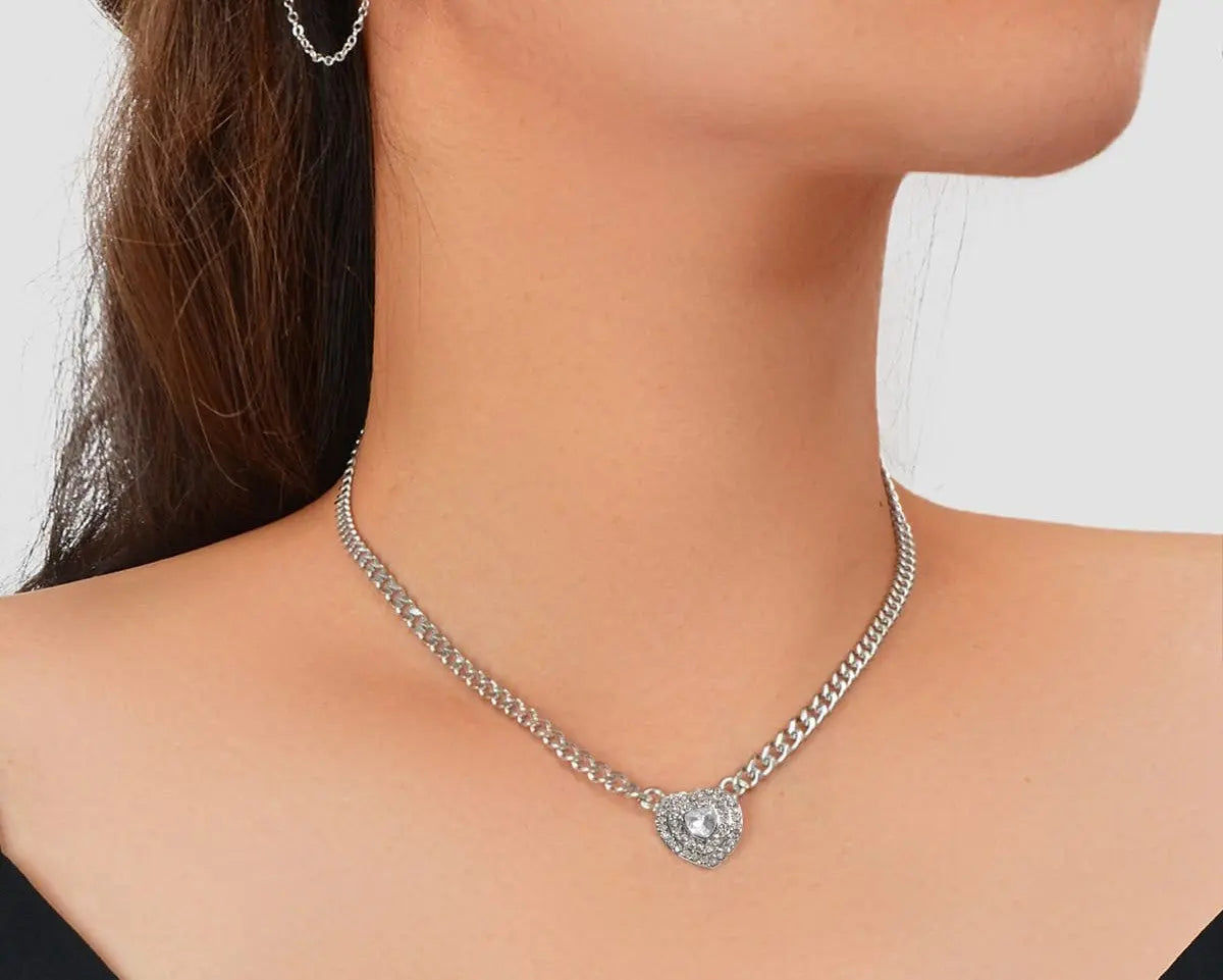 Stunning Silver Heart Pendant Necklace Elegant Jewellery Piece Girls Party Gift Feelontop Jewellery