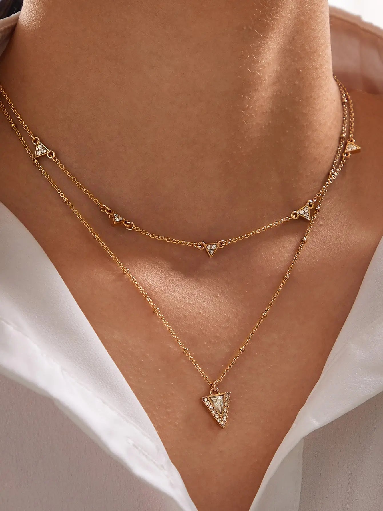 Ladies Jewellery Double layer Gold Chain Rhinestone Triangle Charm Necklace Gift Feelontop Jewellery