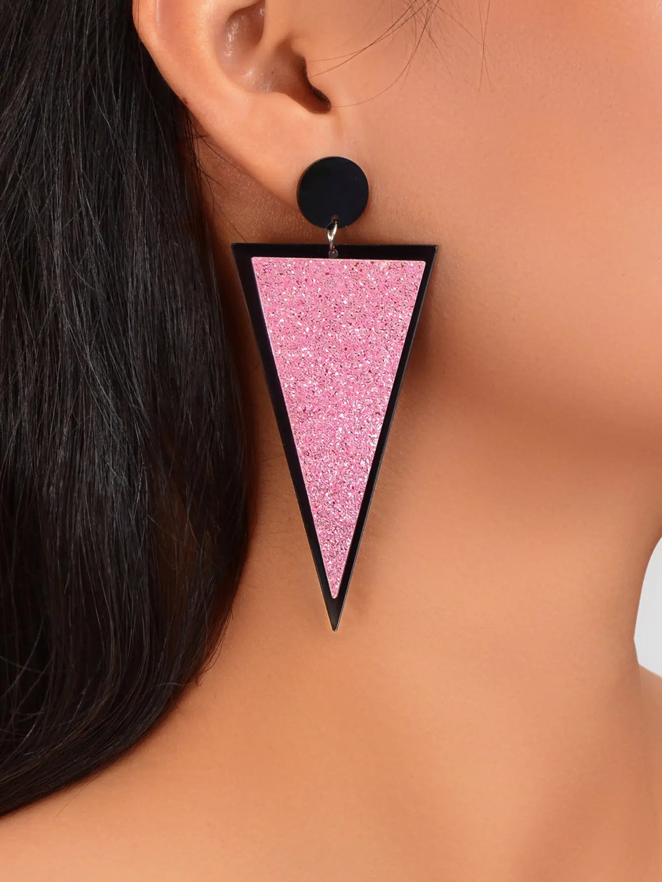 Shining Pink Sequin Decor Acrylic Triangle Geometric Dangle Earrings for Party Feelontop Jewellery