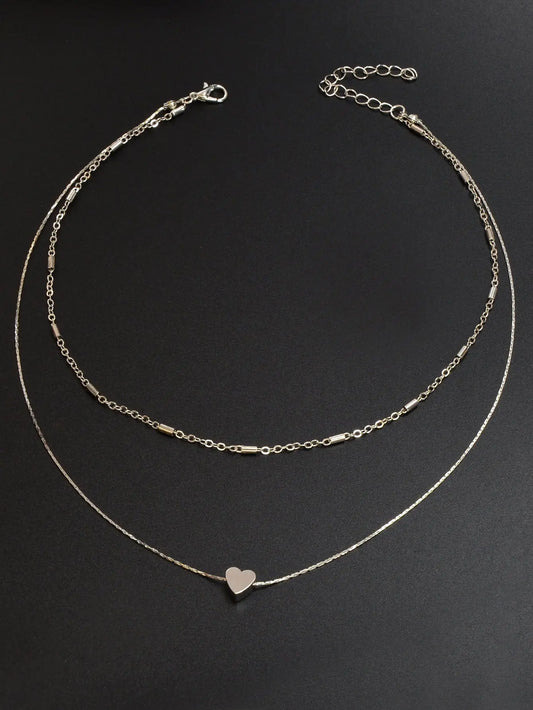 Minimalist Chic Double layer Silver Chain Heart Pendant Clavicle Party Necklace Feelontop Jewellery