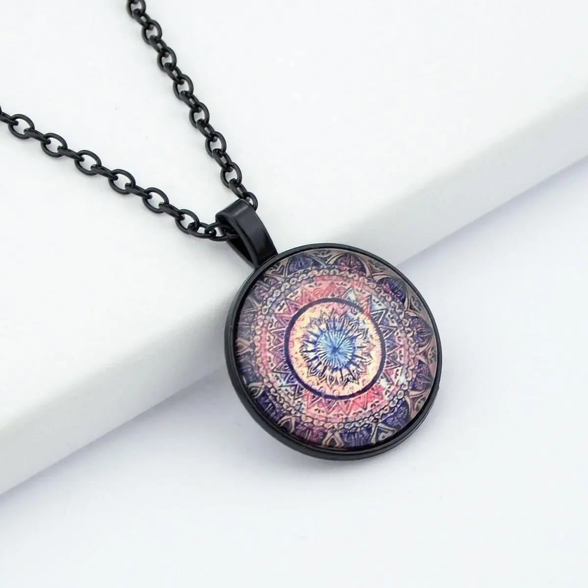 Gothic Black Chain Geometric Pattern Acrylic Round Ball Pendant Ethnic Necklace Feelontop Jewellery